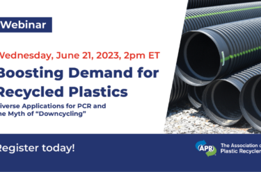 plastic tubes and text promoting the Boosting Demand for Recycled Plastic webinar